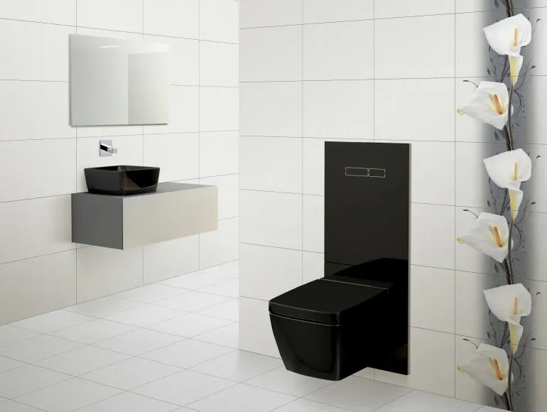 Sleek grey bathroom with a sophisticated sink and black matte Western toilet setup